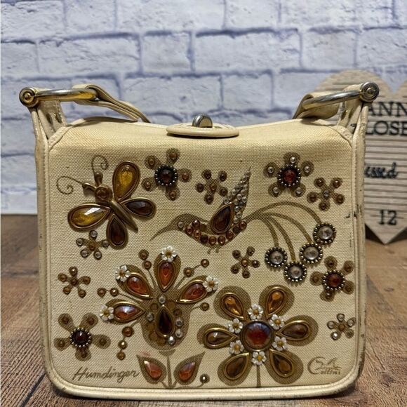 Enid Collins Humdinger Hummingbird Flowers Jeweled Canvas Bag Purse *flaws* - Picture 10 of 13